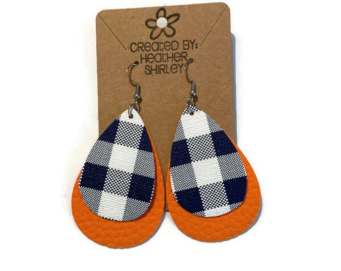 Blue Plaid with Orange Layer Faux Leather Earrings, College Earrings, Tiger Earrings, Orange and Blue, Football Earrings, Sports Gift,