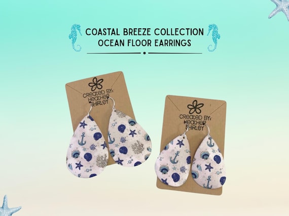 Faux Leather Teardrop Earrings, Nautical Seashell Beach Design, Lightweight Handmade Jewelry