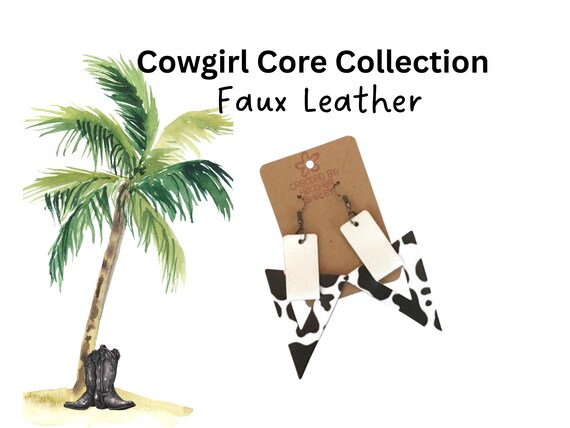 Black White Cow Print Triangle Faux Leather Earrings, Boho Farm Style