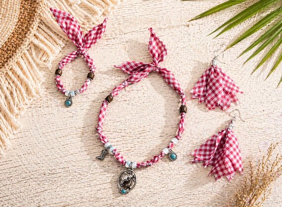 Coastal Cowgirl Bandana Jewelry Set, Western Picnic, Bracelet, Earrings, Necklace