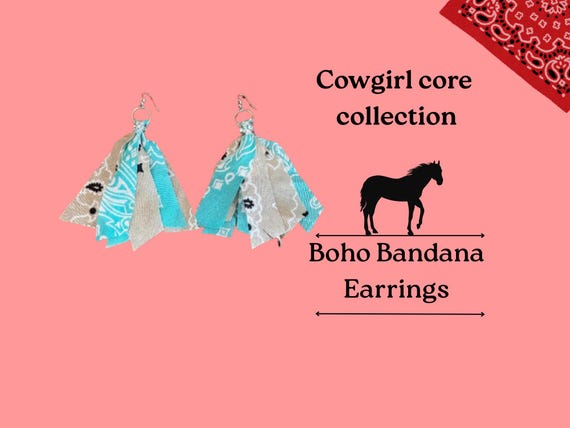 Boho Bandana Earrings, Turquoise Tan Western Cowgirl Jewelry, Festival Accessory