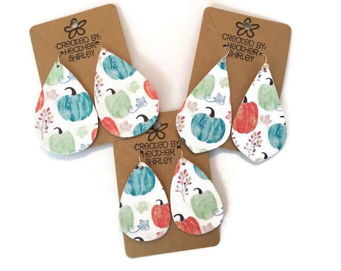 Pumpkin Faux Leather Earrings, Pastel Colors, Orange, Turquoise, Teardrop, Fall Earrings, Fall Gifts, Thanksgiving, Farm, Free Gift Wrap