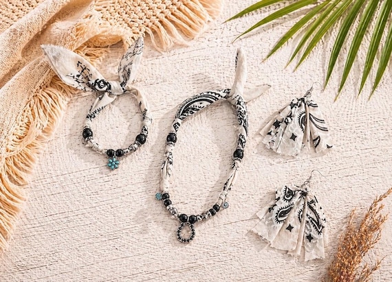 Coastal Cowgirl Bandana Jewelry Set, Boho Western Cowgirl, Necklace, Bracelet, Earrings, Summer Outfit.