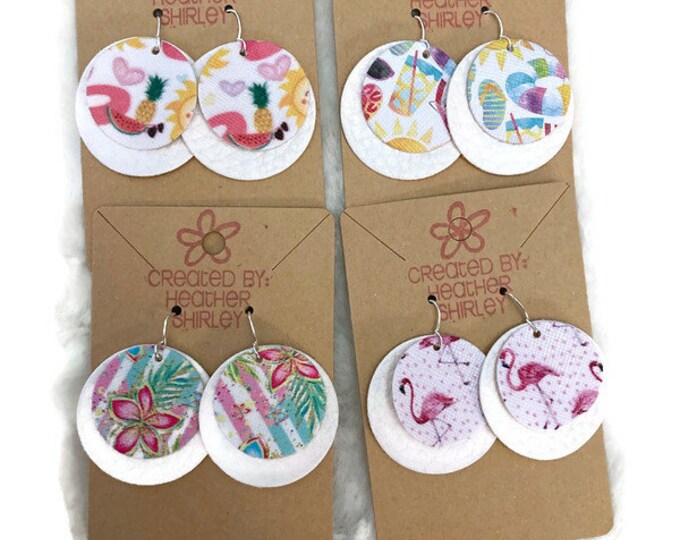 Small Beach Faux Leather Layered Earrings, Flamingos, Tropical Earrings, Beach, Tropical Flower Earrings, Circle Earrings, Birthday Gifts