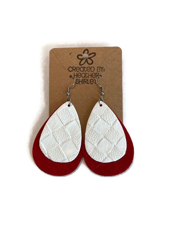 Red and White Football Faux Leather Earrings, Tailgate Earrings, Summer Earrings, Sports Events, College Earrings, Gifts Sports Events, Fall