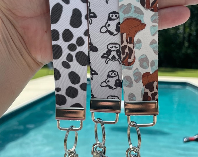 Country Boots and Blue Leopard Print Faux Leather Key Fob Wristlet, Cow Print, Keychains, Wristlets, Backpack, Purse Accessories, Gifts
