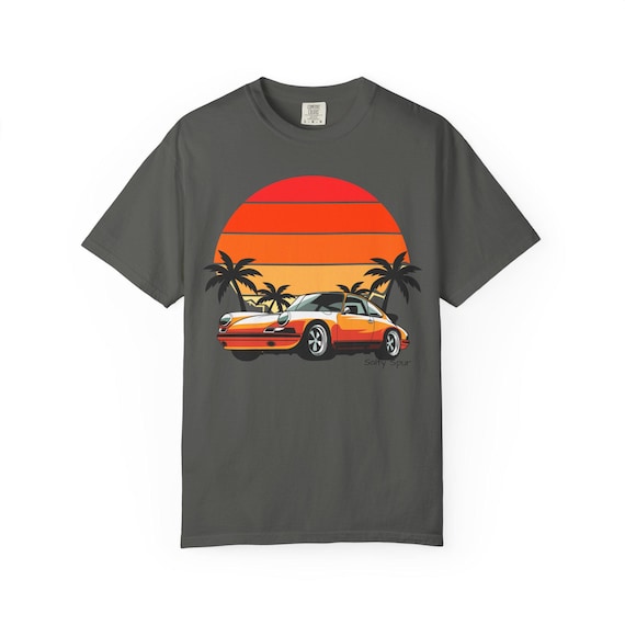 Retro Sports Car Sunset T-shirt | Palm Trees, Vintage Coastal Graphic Tee