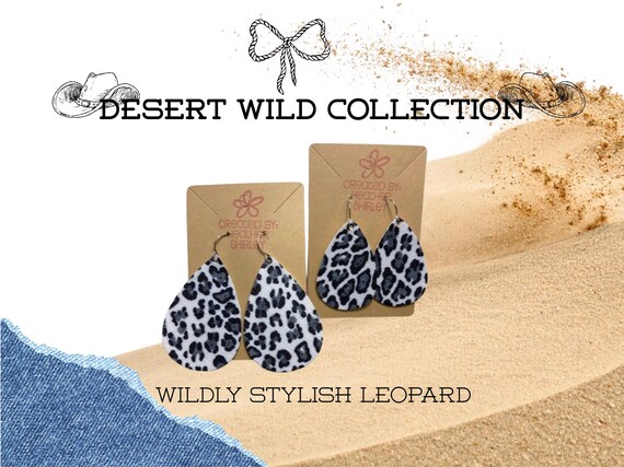 Grey Leopard Teardrop Faux Leather Earrings, Lightweight Handmade Jewelry, Western Cowgirl, Desert Wild Collection
