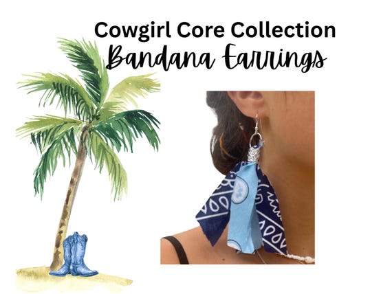 Boho Bandana Earrings, Western Cowgirl Jewelry, Country Concert Accessories, Blue Navy