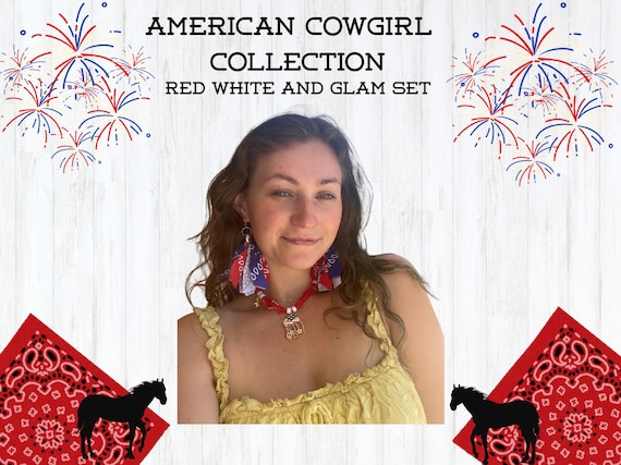 Red White Blue Bandana Jewelry Set, American Cowgirl Western Boho Style
