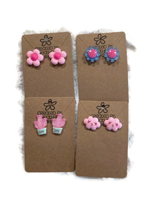 Girls, Chunky Charm Earrings, Pink Flower, Gray Flower, Pink Clouds, Pink Cactus, Stud Earrings, Back to School, Fall, Gifts, Plastic Charm
