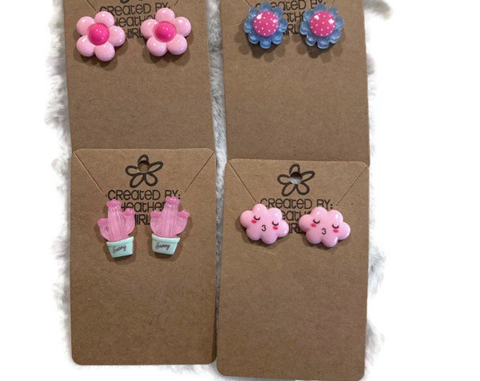 Girls, Chunky Charm Earrings, Pink Flower, Gray Flower, Pink Clouds, Pink Cactus, Stud Earrings, Back to School, Fall, Gifts, Plastic Charm