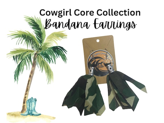 Coastal Cowgirl Camo Western Boho Bandana Earrings, Summer Concert and Festival Jewelry Accessory