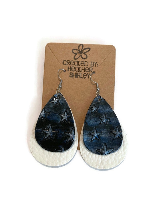 Blue and Black Stars on White Faux Leather, Faux Leather Earrings, Football Sport Earrings, Birthday Gifts, Fall Jewelry, Game Day Events