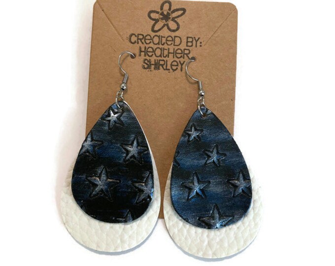 Blue and Black Stars on White Faux Leather, Faux Leather Earrings, Football Sport Earrings, Birthday Gifts, Summer, Spring, Game Day Events