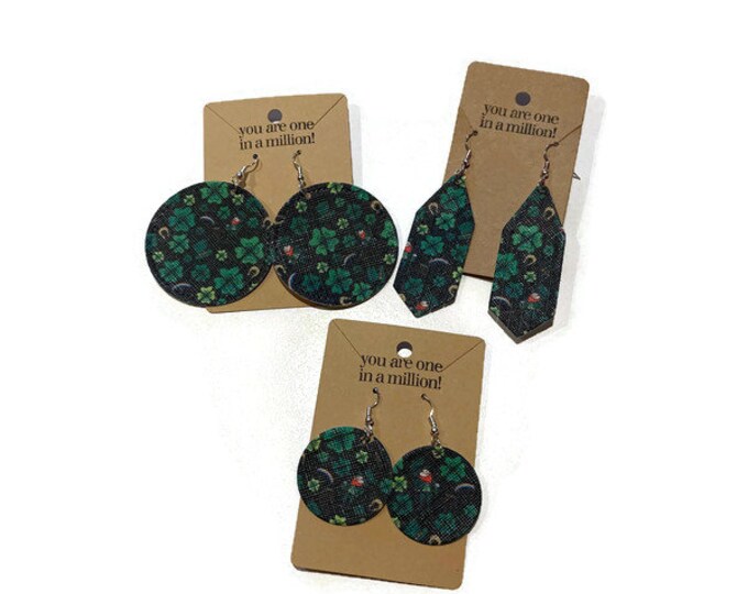 St. Patrick’s Day Faux Leather Earrings, Glitter Layers, Pot of Gold, Horseshoes, Green Clovers, Leprechaun Hat, St. Patty Parties Gifts
