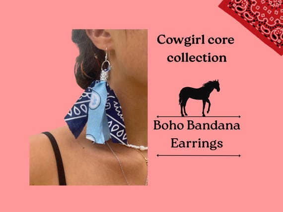Boho Bandana Earrings, Western Cowgirl Jewelry, Country Concert Accessories, Blue Navy