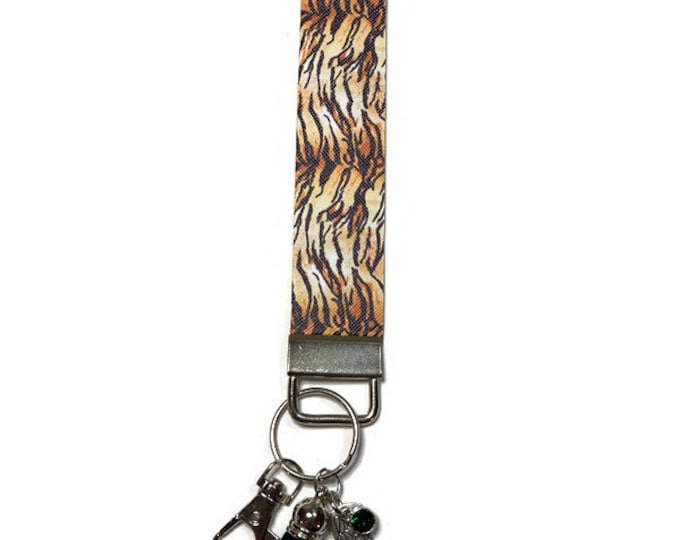 Tiger Stripe Faux Leather Key Fob Wristlet, Black and Orange, Tiger Gifts, Backpack and Purse Accessories, Keychain, Summer, Gifts