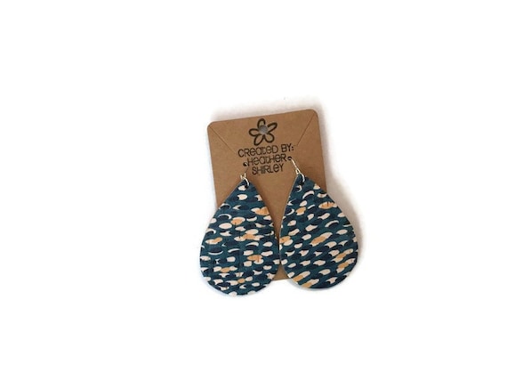 Peacock Print Genuine Leather Applied to Cork Earrings
