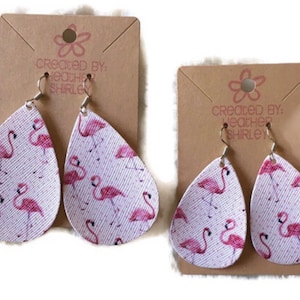 Pink Flamingos Teardrop Faux Leather Earrings, Vacation Earrings, Cruise Earrings, Tropical Earrings, Beach Earrings, Pink Flamingo