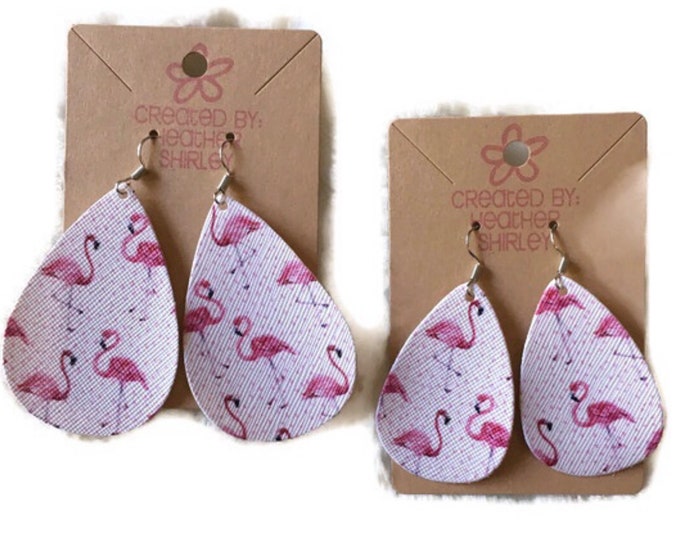 Pink Flamingos Teardrop Faux Leather Earrings, Vacation Earrings, Cruise Earrings, Tropical Earrings, Beach Earrings, Pink Flamingo