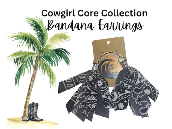 Boho Bandana Earrings, Western Cowgirl Jewelry, Festival Accessories, Black Grey