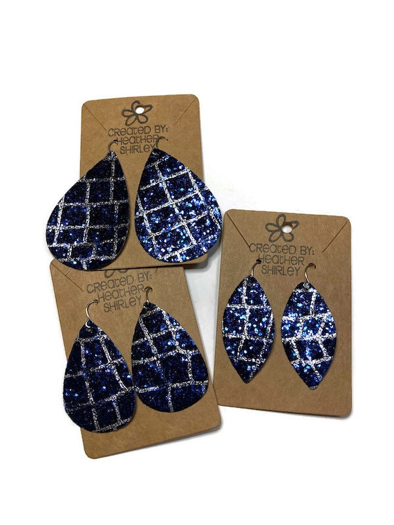 Blue and Silver Sparkle Glitter Faux Leather Earrings, Sports Earrings, Glitter Earrings, Teardrop, Fall Jewelry, Gifts, Multiple Sizes
