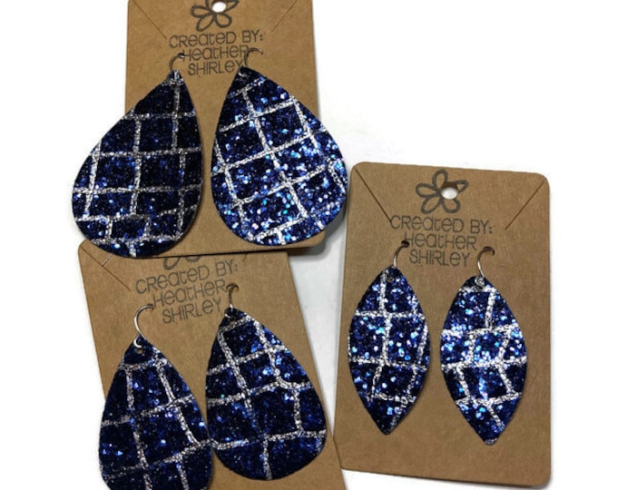 Blue and Silver Sparkle Glitter Faux Leather Earrings, Sports Earrings, Glitter Earrings, Teardrop, Summer Jewelry, Gifts, Multiple Sizes