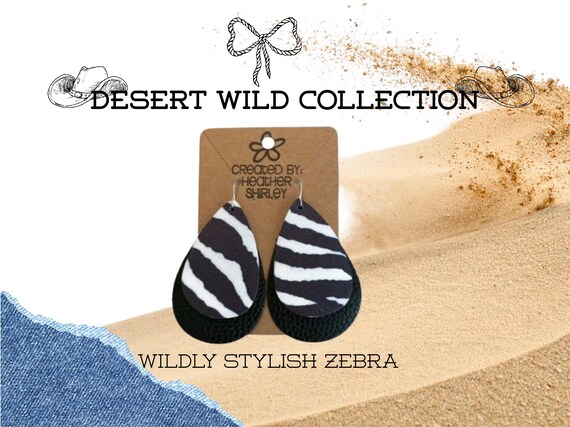 Zebra Print Faux Leather Teardrop Earrings, Black White Animal, Western Cowgirl, Desert Wild Collection