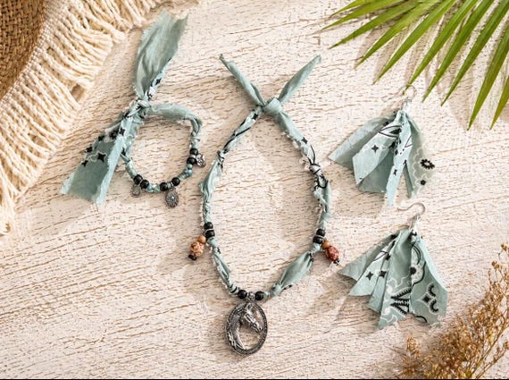 Coastal Cowgirl Boho Bandana Jewelry Set, Rodeo Outfit, Cowgirl, Western, Earrings, Bracelet