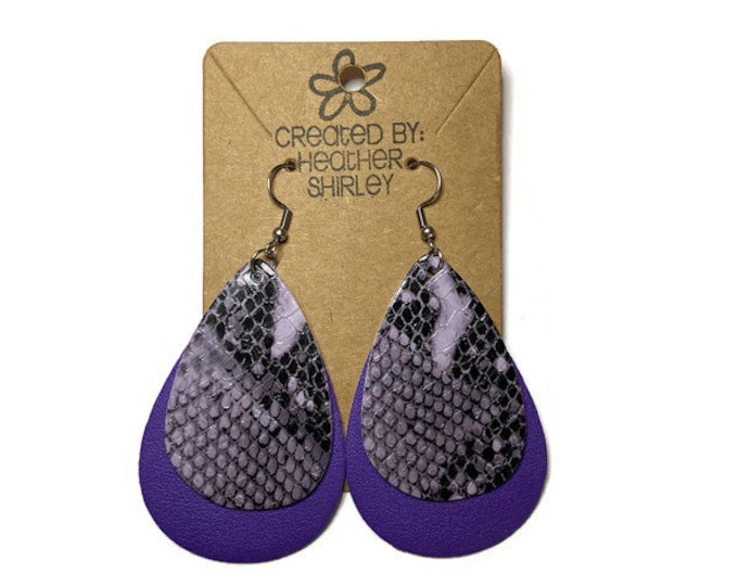 Purple Snake Print with Purple Layer, Faux Leather Earrings, Layered Earrings, Purple and Black, Parties, Summer Earrings, Gifts, Birthday