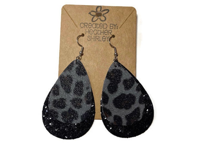 Gray, Brown and Black Leopard Print with Black Glitter Layer Faux Leather Earrings, Tear Drop Earrings, Gifts, Parties Event, Summer