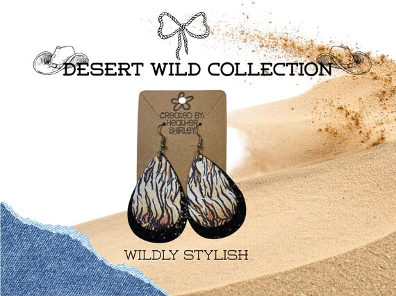 Tiger Stripe, with Black Glitter Layer Faux Leather Earrings