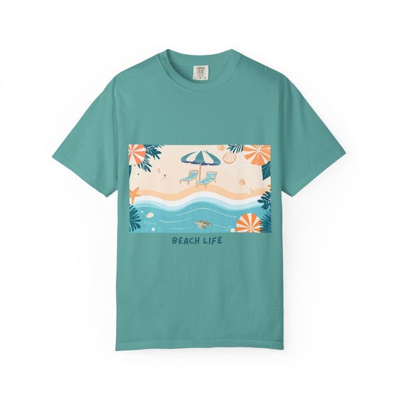 Beach Life Illustration T-shirt | Summer Seaside Waves, Umbrella, Palm Leaves, Vacation Tee, Comfort Colors, Comfy