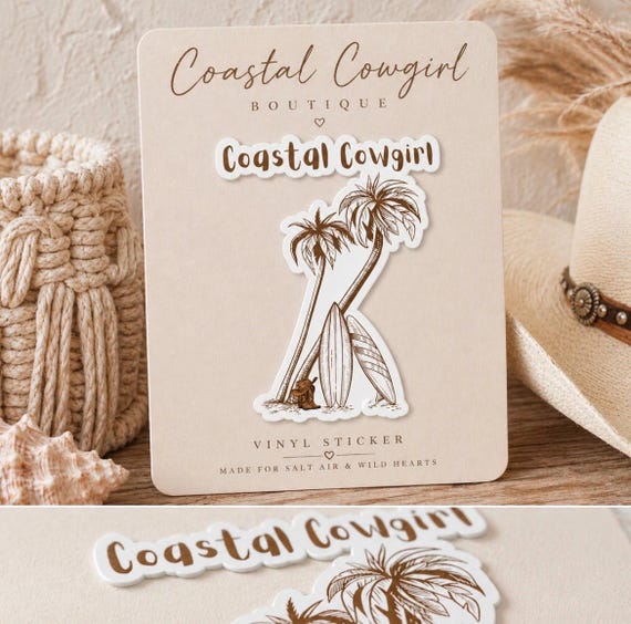 Coastal Cowgirl Sticker | Surfboard Palm Trees Kiss-Cut Vinyl, Western Rodeo, Beach Vacation Travel, Crafts, Gifts