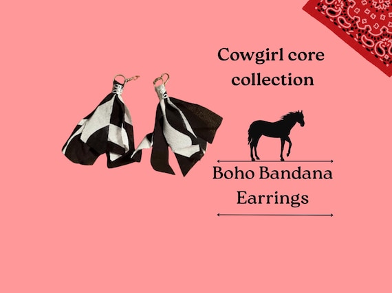 Boho Bandana Earrings, Western Cowgirl Style, Black White Tassel Jewelry