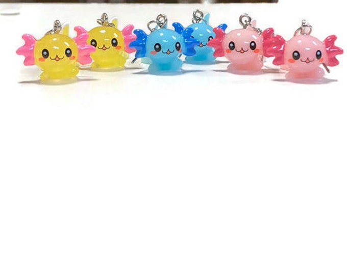Sea Axolotl Resin Charm Dangle Earrings, Pink, Yellow, or Blue, Axolotl Jewelry, Teen, Kids Earrings, Birthday, Gifts, Summer Fun