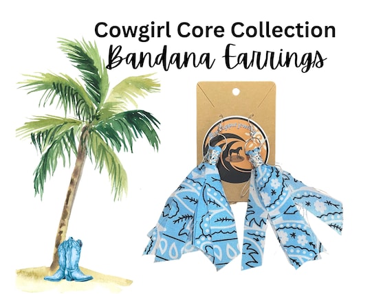 Boho Bandana Earrings, Western Cowgirl Jewelry, Country Concert accessories, Rodeo Outfit, Festival Light Blue