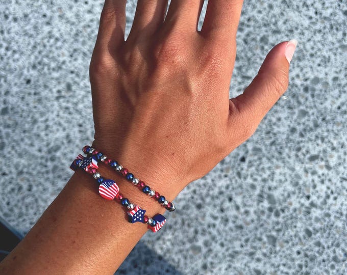 Set of Two Red White and Blue Beaded Stretch Bracelet, Stars and Stripes