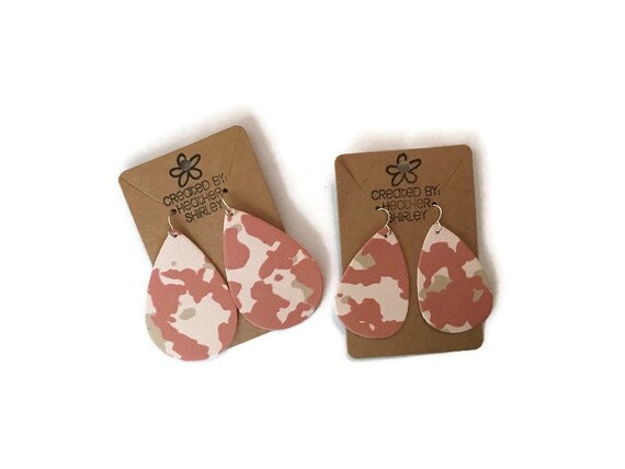 Pink Camouflage Teardrop Faux Leather Earrings, Pink Camouflage Jewelry, Spring Earrings, Valentines, Novelty, Birthday Party Gifts