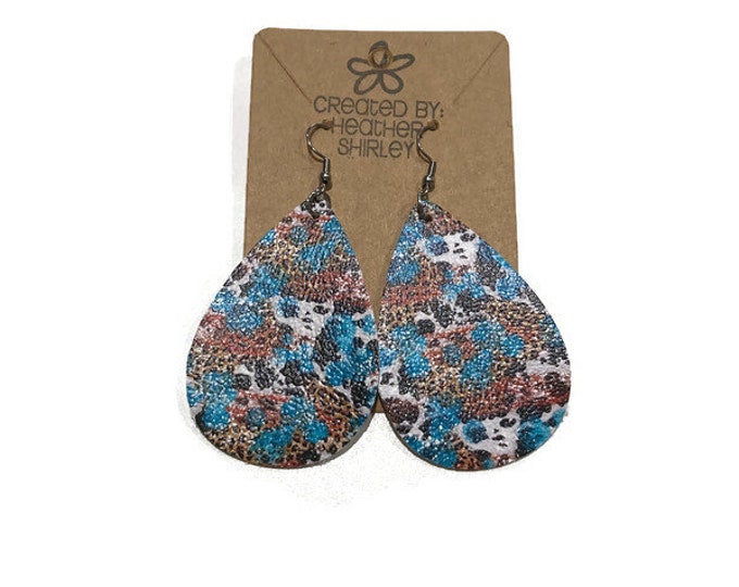 Cow, Leopard Print Turquoise Marine Vinyl Faux Leather Earrings, Farm Style, Sherpa Print, Western Style Earrings, Summer, Birthday, Rodeo