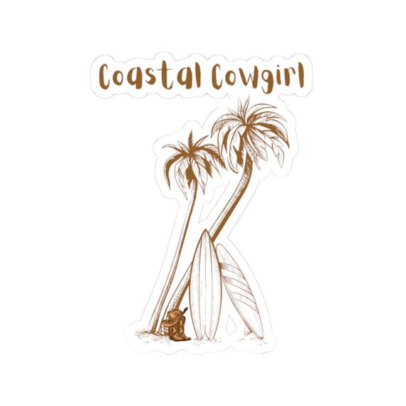 Coastal Cowgirl Sticker | Surfboard Palm Trees Kiss-Cut Vinyl, Western Rodeo, Beach Vacation Travel, Crafts, Gifts