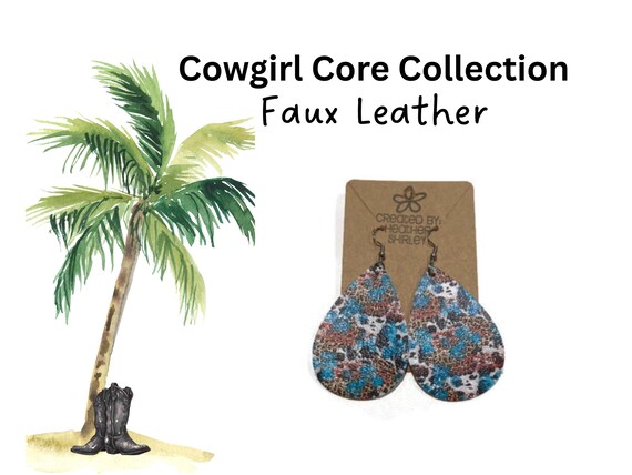 Cow Print Turquoise Faux Leather Teardrop Earrings, Western Boho Style
