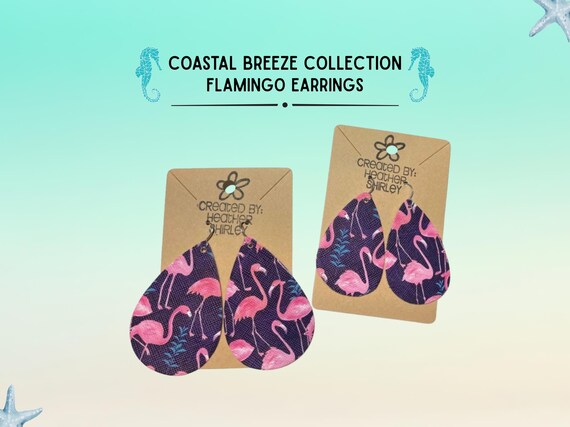 Navy Pink Flamingo Faux Leather Teardrop Earrings, Tropical Summer Beach Vacation Style, Coastal Breeze