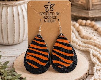 Tiger Stripe Faux Leather Earrings, Black Glitter Layer, Game Day Tailgate Jewelry, Summer