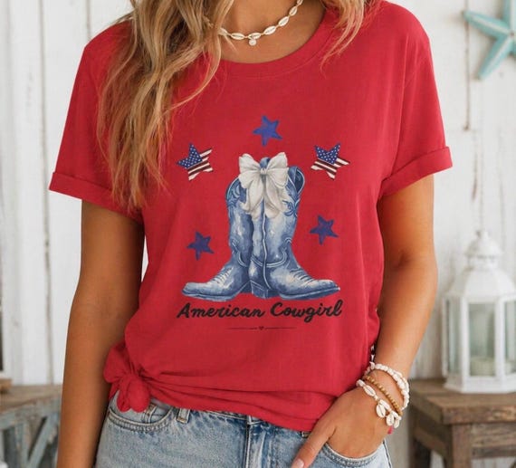 American Cowgirl boots and stars T-Shirt | Patriotic Western tee, Memorial Day, July 4th, Red White Blue, Bows, Summer Events, Concerts,