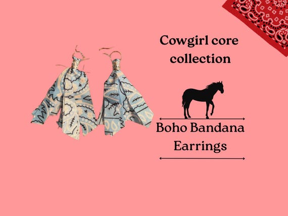 Boho Bandana Earrings, Western Cowgirl Jewelry, Country Concert accessories, Rodeo Outfit, Festival Light Blue