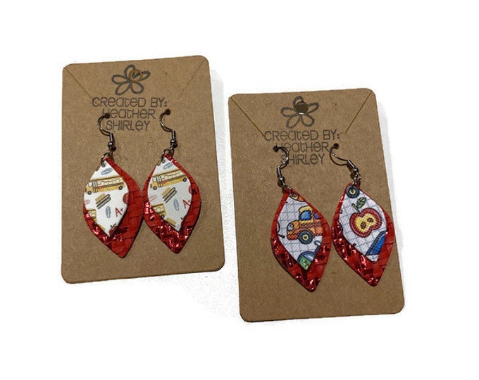 Teacher School Themed Layered Small Faux Leather Earrings, Teacher Gifts, Teacher Appreciation, School Themed Earrings, Bus Driver Earrings