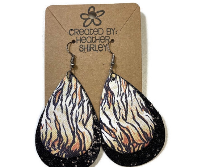 Tiger Stripe, with Black Glitter Layer Faux Leather Earrings