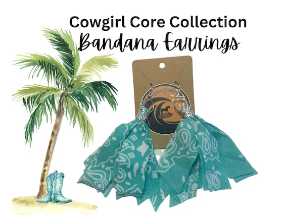 Coastal Cowgirl Bandana Earrings | Western Boho Fringe | Turquoise Bandana | Rodeo Festival Statement Jewelry | Cowgirl Core Accessories